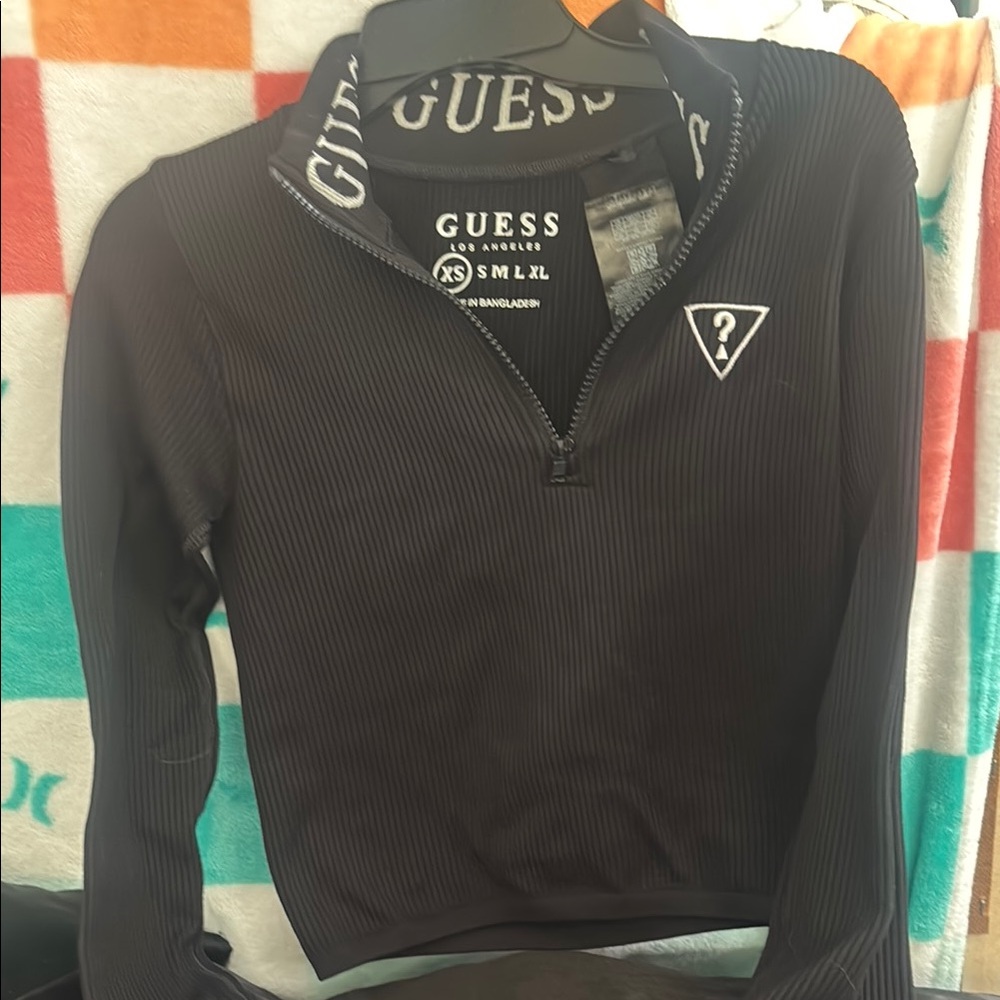 Guess Black Ribbed Half-Zip Top